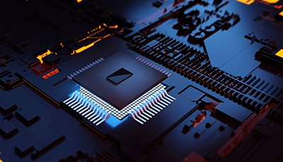 Close up of computer chip and mother board.